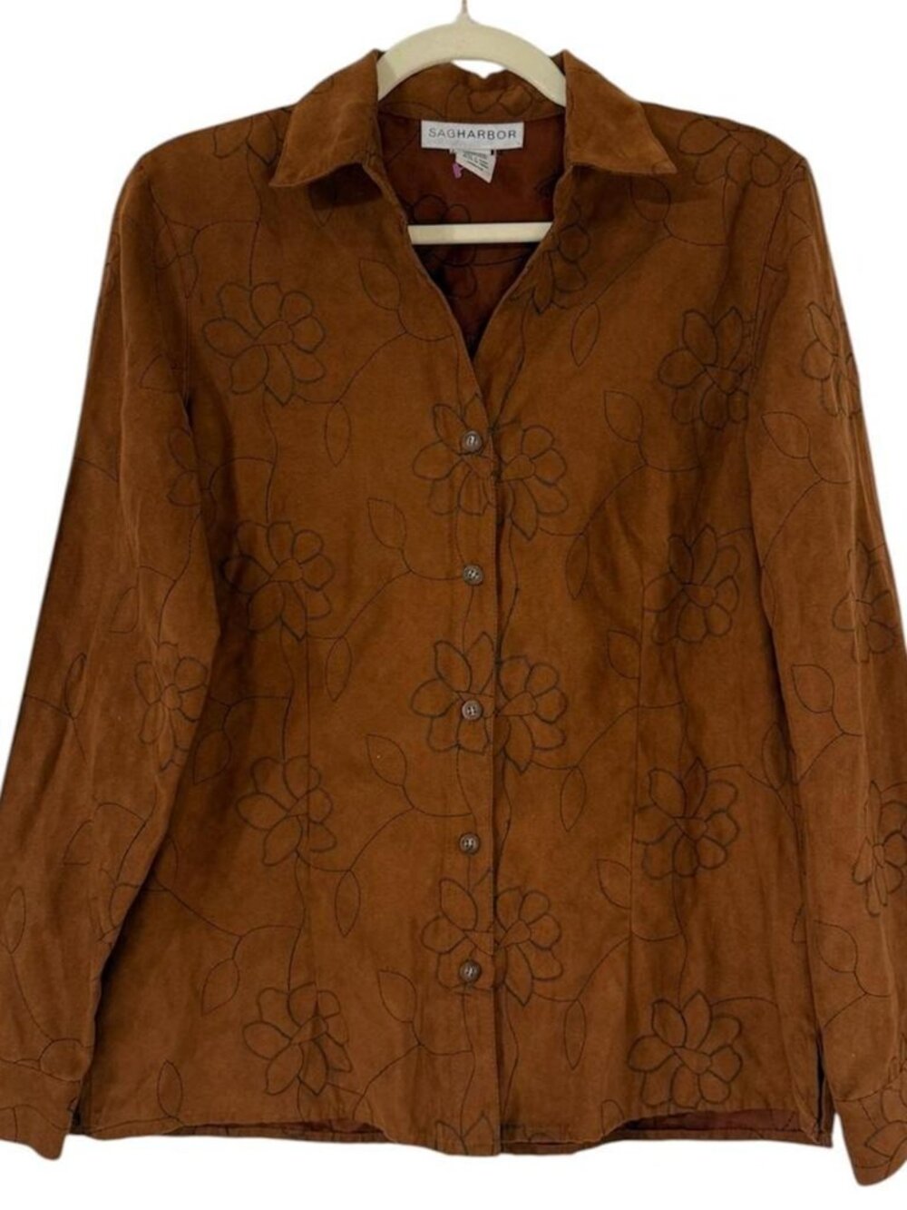 Vintage Sage Harbor Brown Faux Suede Button Up Shirt With Floral‎ Emboidery